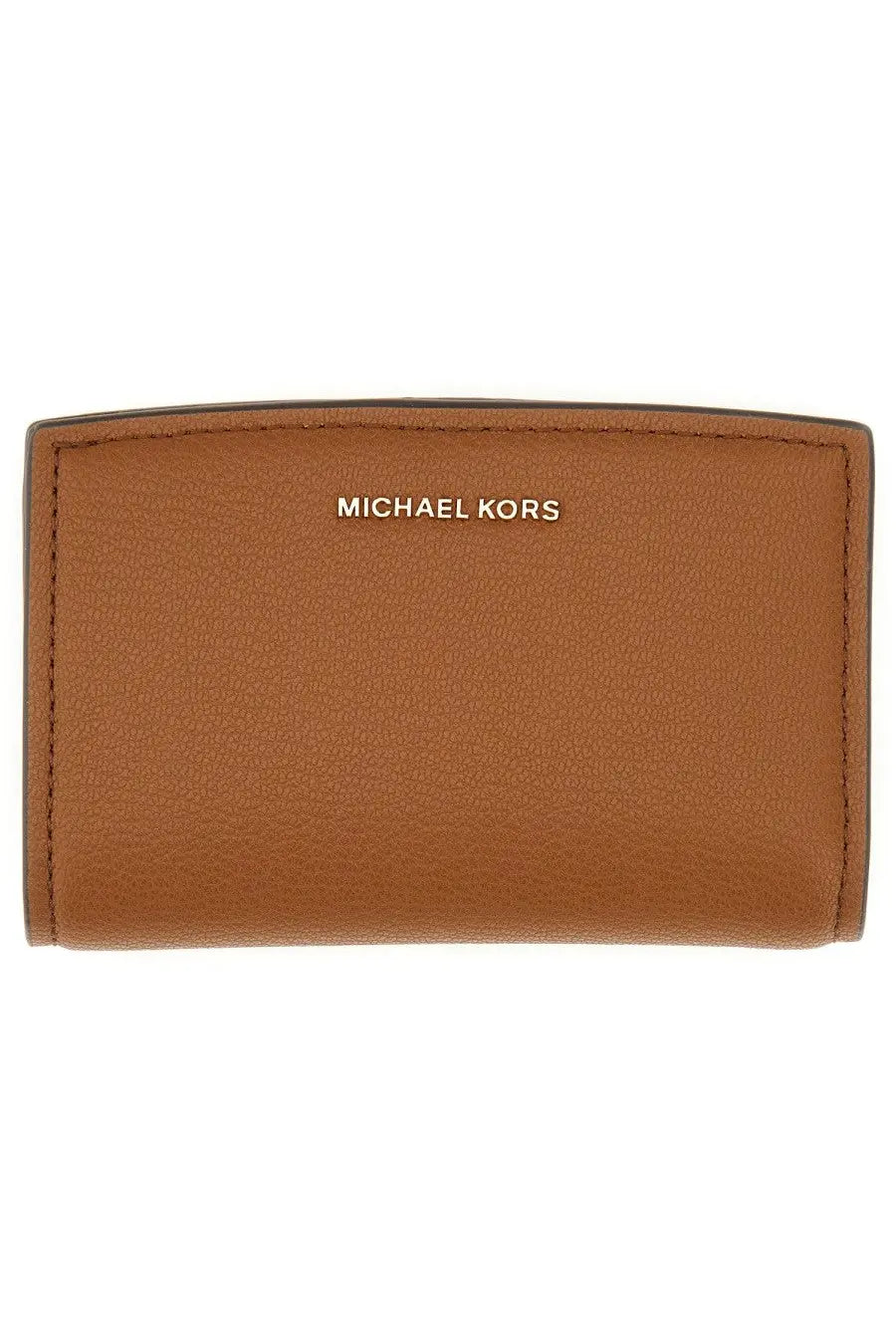 Brown leather michael kors womens bryant medium wallet with gold-tone logo embossed on the front in beige