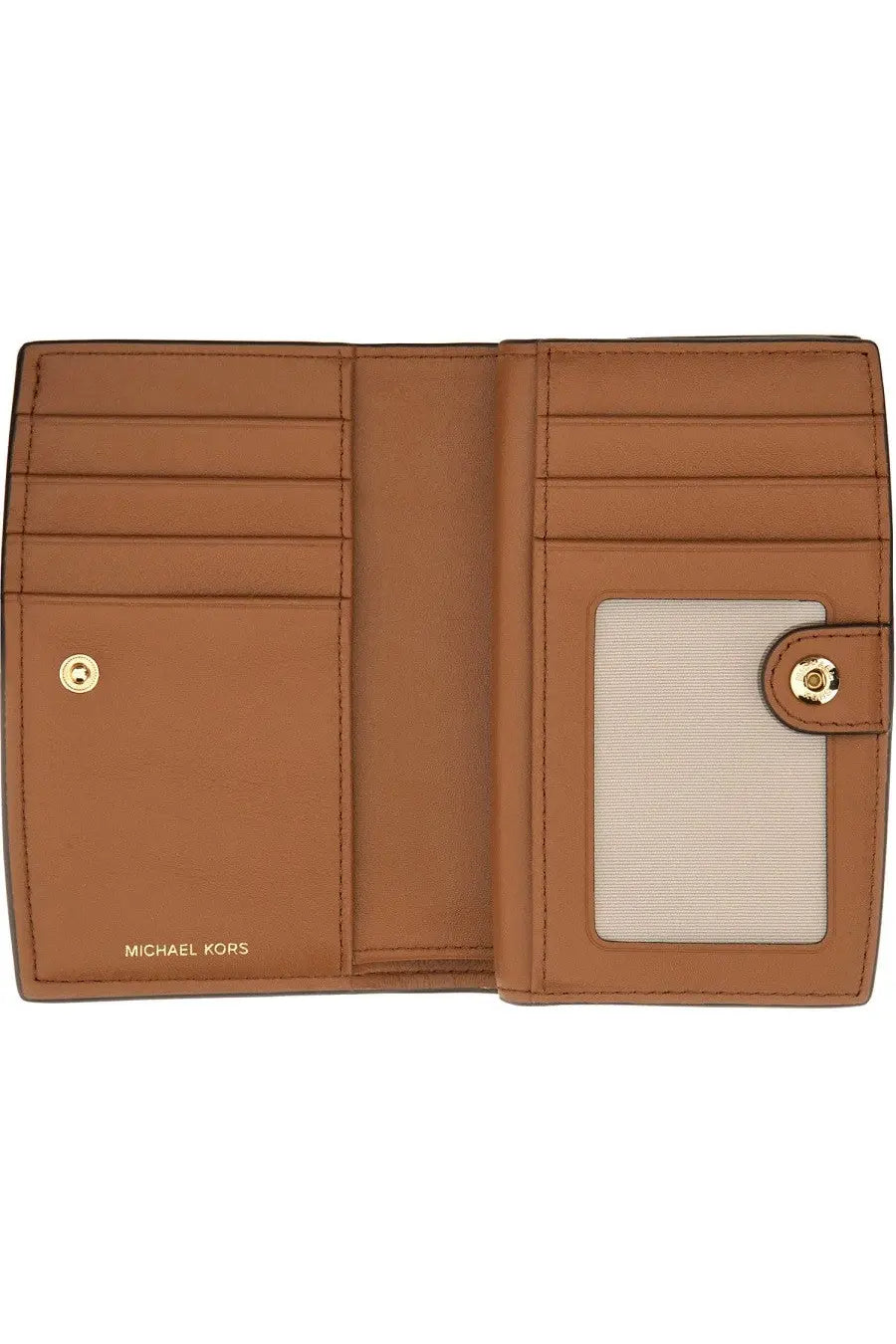 Tan leather michael kors women’s bryant medium wallet with gold-tone hardware and clear id window beige color