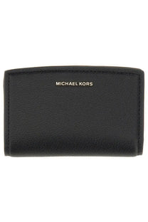 Michael Kors women’s Bryant medium wallet in black textured leather with gold-tone logo on the front