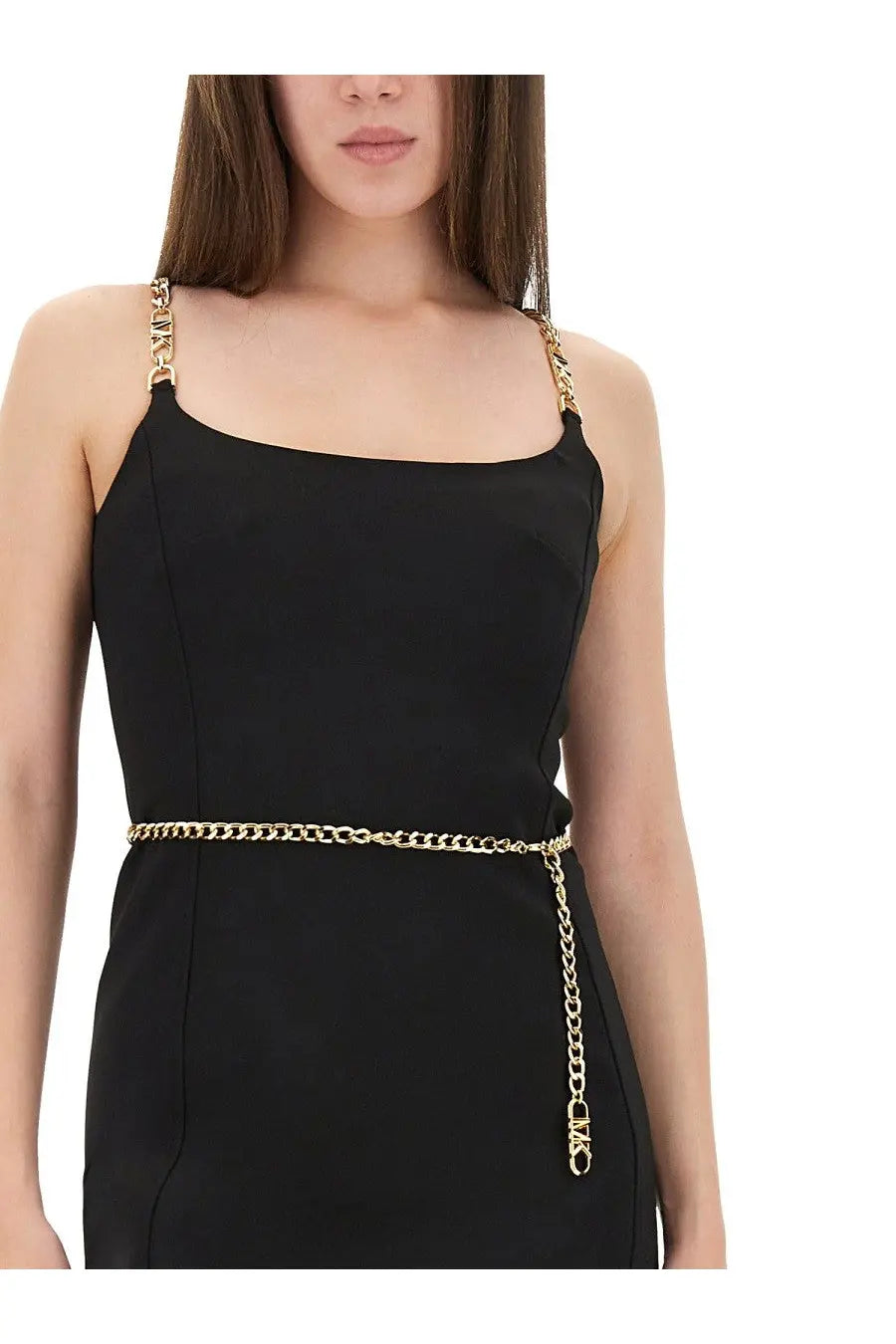 Michael kors women’s bustier minidress black with gold chain belt featuring sleek interlocking links and matching clasp