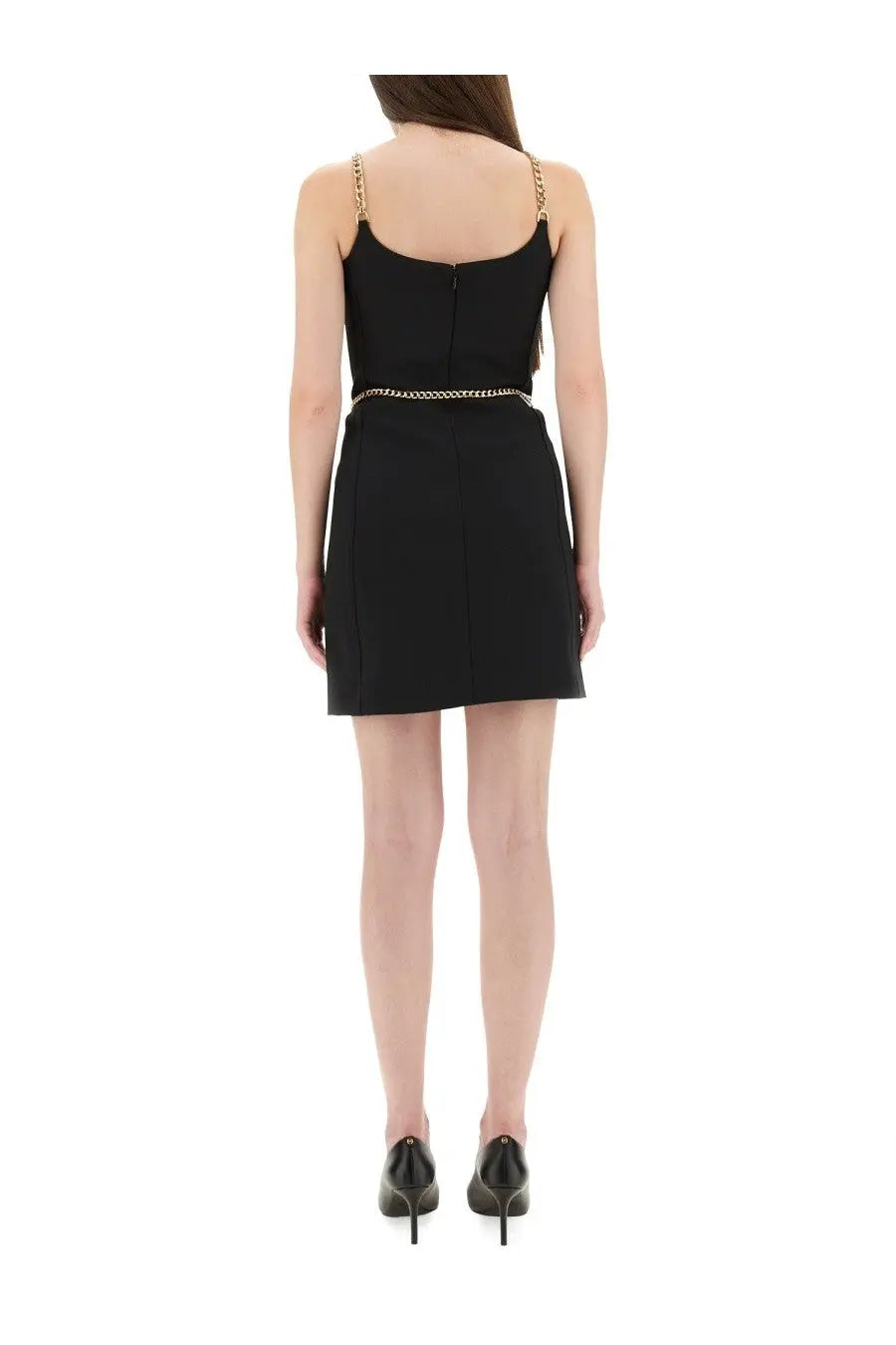 Michael Kors women’s bustier minidress in black with gold chain straps and a matching belt for elegant wear