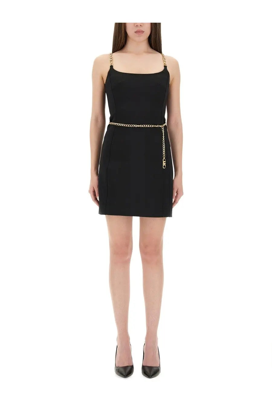 Michael Kors women’s black bustier minidress with gold chain straps and matching belt with logo charm