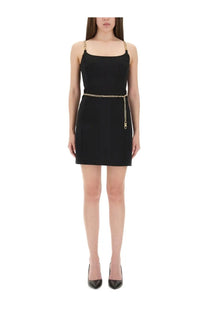 Michael Kors women’s black bustier minidress with gold chain straps and matching belt with logo charm