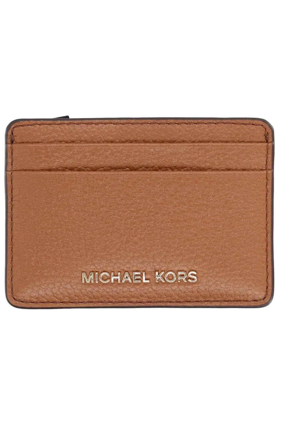 Tan leather michael kors women’s card holder with gold-tone logo and stitched edges in beige
