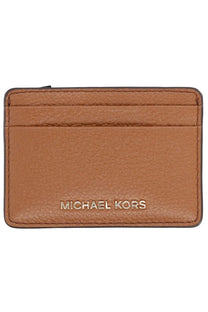 Tan leather michael kors women’s card holder with gold-tone logo and stitched edges in beige