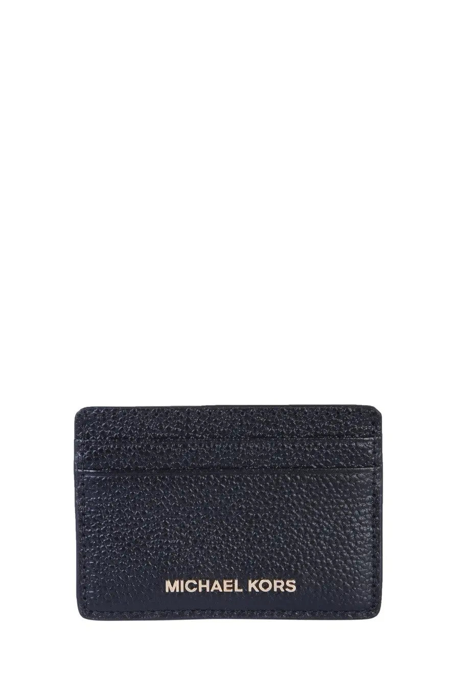 Dark blue textured leather card holder with gold-tone michael kors branding for women’s everyday use