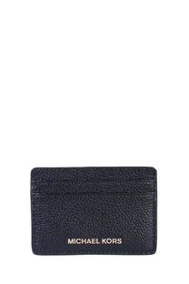 Dark blue textured leather card holder with gold-tone michael kors branding for women’s everyday use