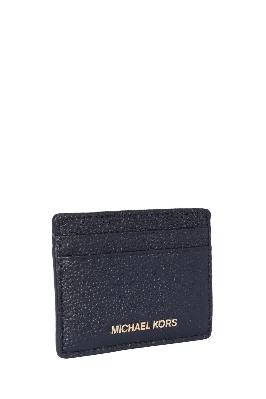 Navy blue textured leather michael kors womens card holder with gold-tone logo embossed on the front
