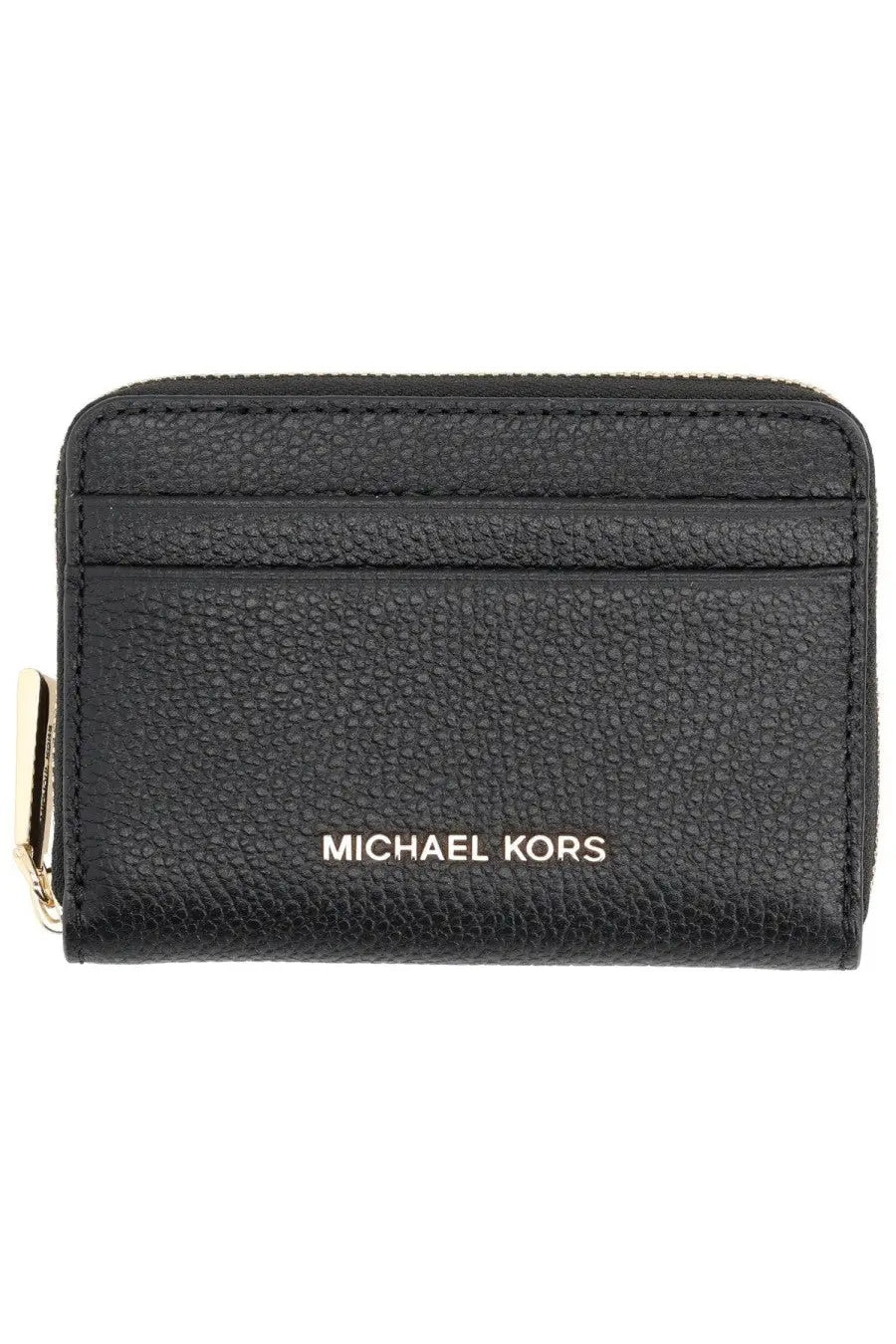Black textured leather michael kors womens card holder jet set with gold tone hardware and zip around design