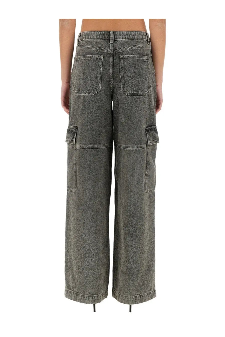 Michael Kors women’s wide-leg cargo jeans in faded dark gray denim with visible stitching and multiple pockets