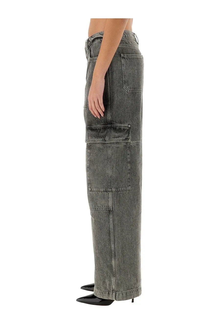 Michael Kors women’s wide-leg gray denim cargo jeans with multiple pockets and a high waist