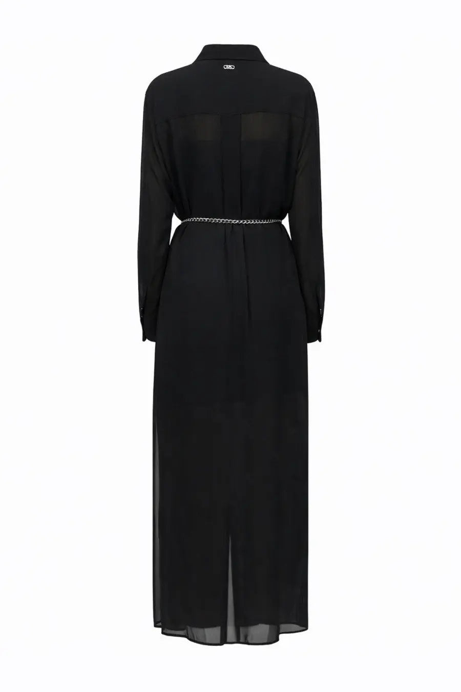 Michael Kors women’s chemise long dress black sheer chiffon with long sleeves and silver chain belt