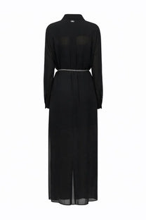Michael Kors women’s chemise long dress black sheer chiffon with long sleeves and silver chain belt