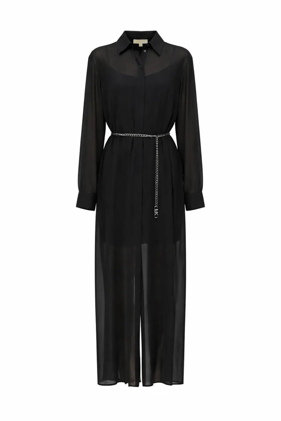 Michael Kors women’s chemise long dress black sheer fabric with long sleeves and a silver chain belt