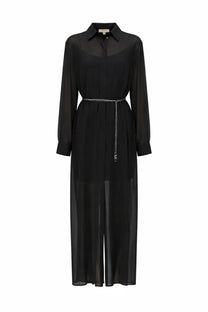 Michael Kors women’s chemise long dress black sheer fabric with long sleeves and a silver chain belt