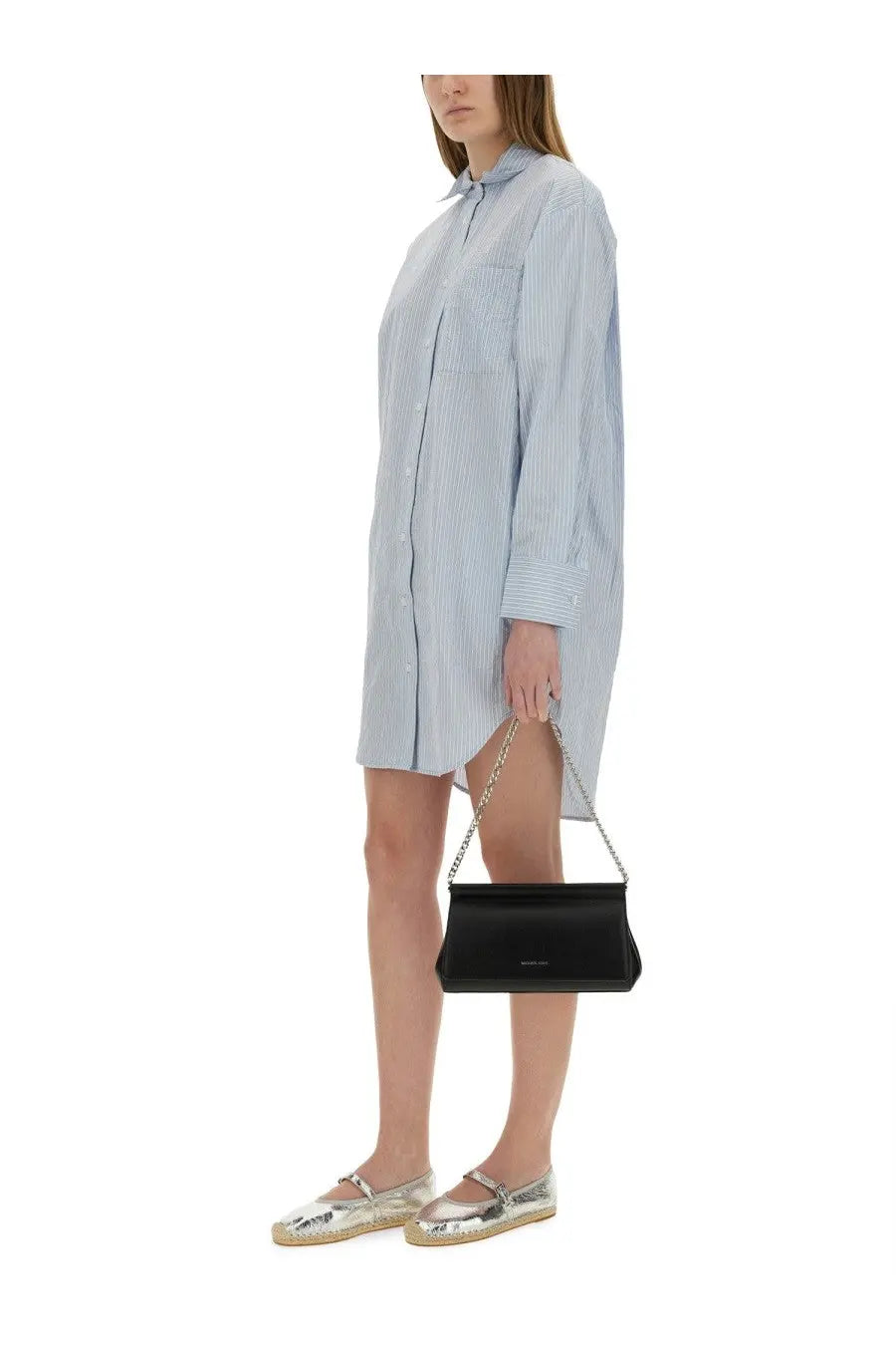 Black leather clutch with silver chain strap complementing michael kors women’s chemisier dress blue