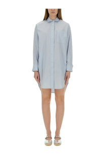 Michael Kors women’s chemisier dress in light blue and white striped cotton with collar long sleeves and asymmetrical hemline