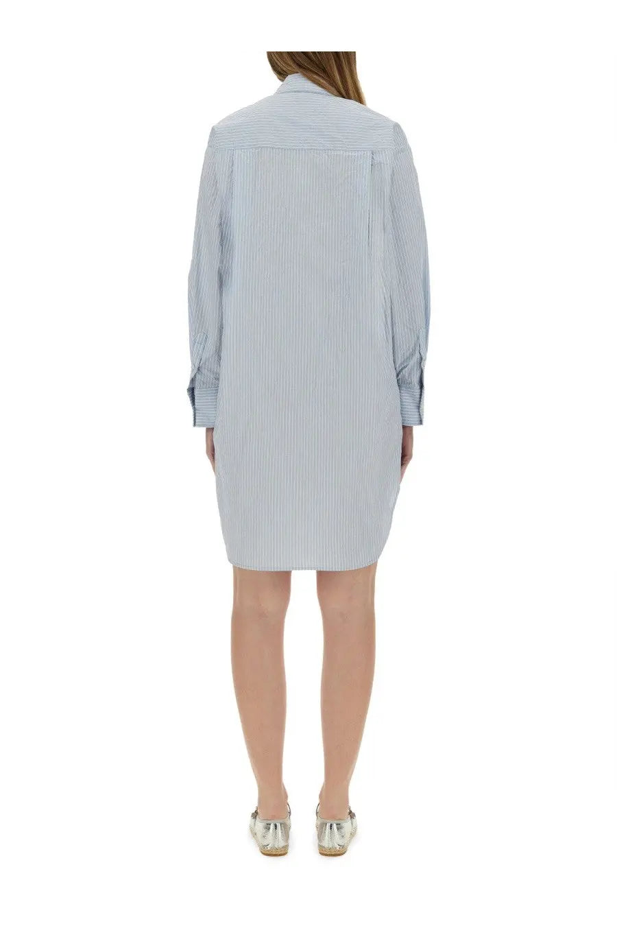 Michael Kors women’s chemisier dress in light blue and white striped cotton with collar button front and rolled cuffs