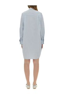 Michael Kors women’s chemisier dress in light blue and white striped cotton with collar button front and rolled cuffs