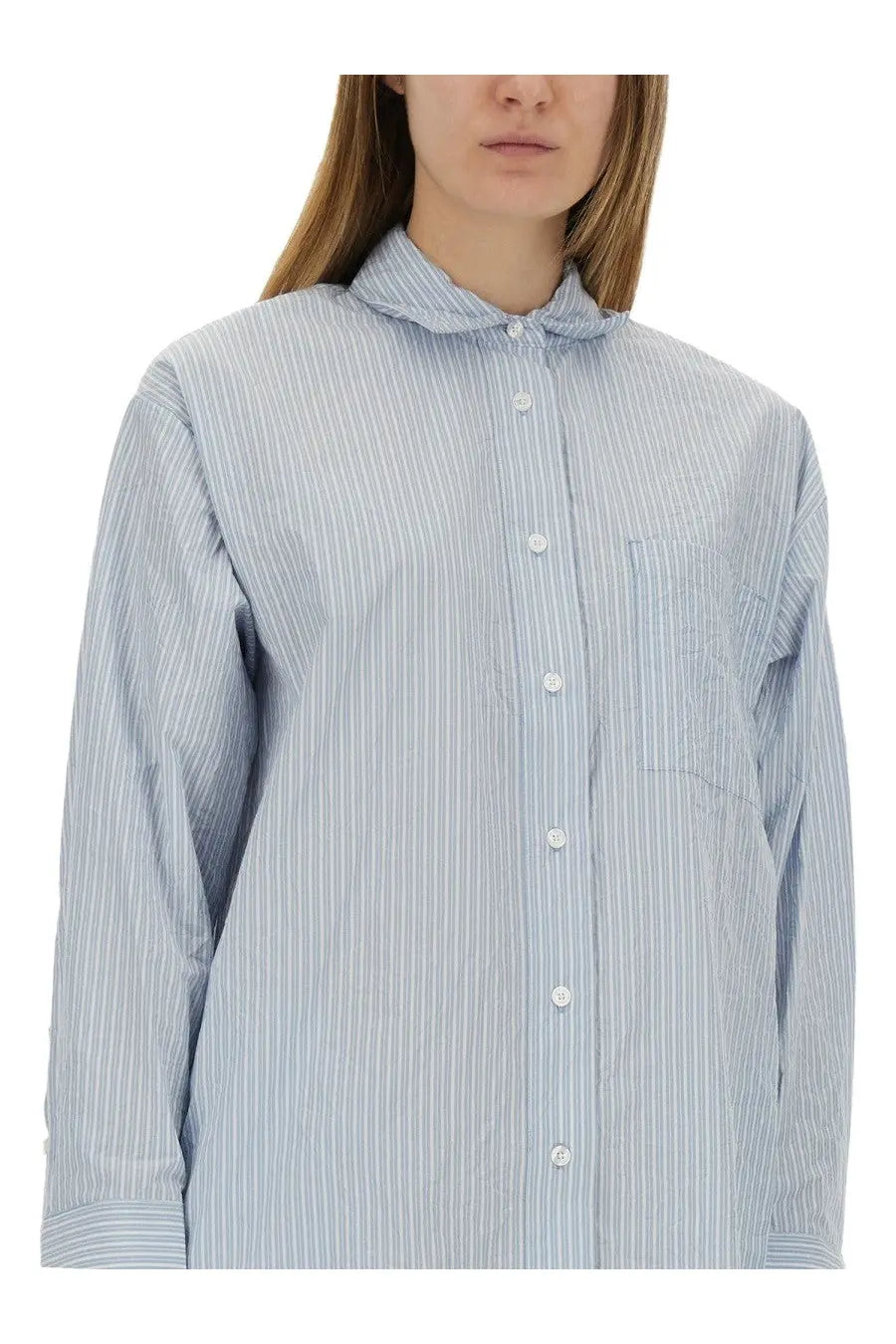 Michael kors womens chemisier dress blue featuring a light blue and white vertically striped button-up shirt with collar