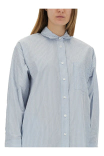 Michael kors womens chemisier dress blue featuring a light blue and white vertically striped button-up shirt with collar