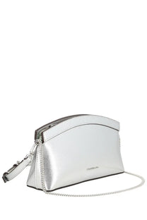 Michael Kors women’s clutch Athena small silver metallic bag with chain strap and leather accents