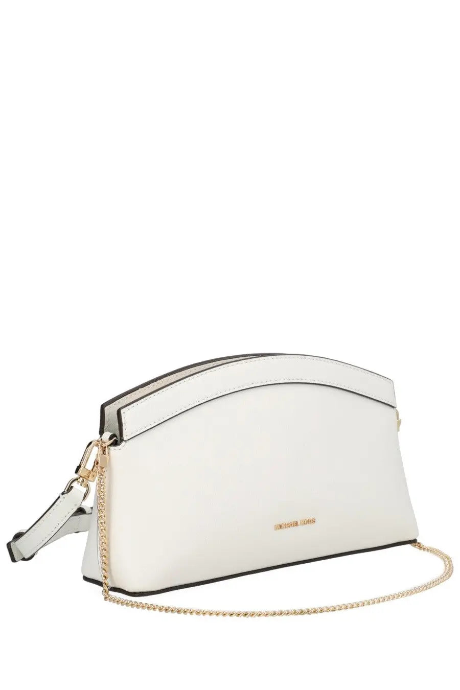 Michael Kors women’s clutch Athena small white leather crossbody bag with gold-tone chain strap and black trim