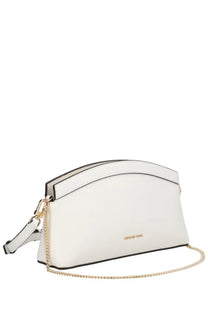 Michael Kors women’s clutch Athena small white leather crossbody bag with gold-tone chain strap and black trim