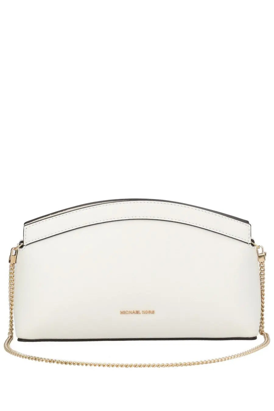 Michael Kors women’s clutch athena small white leather with gold-tone chain strap and black trim in sleek curved design