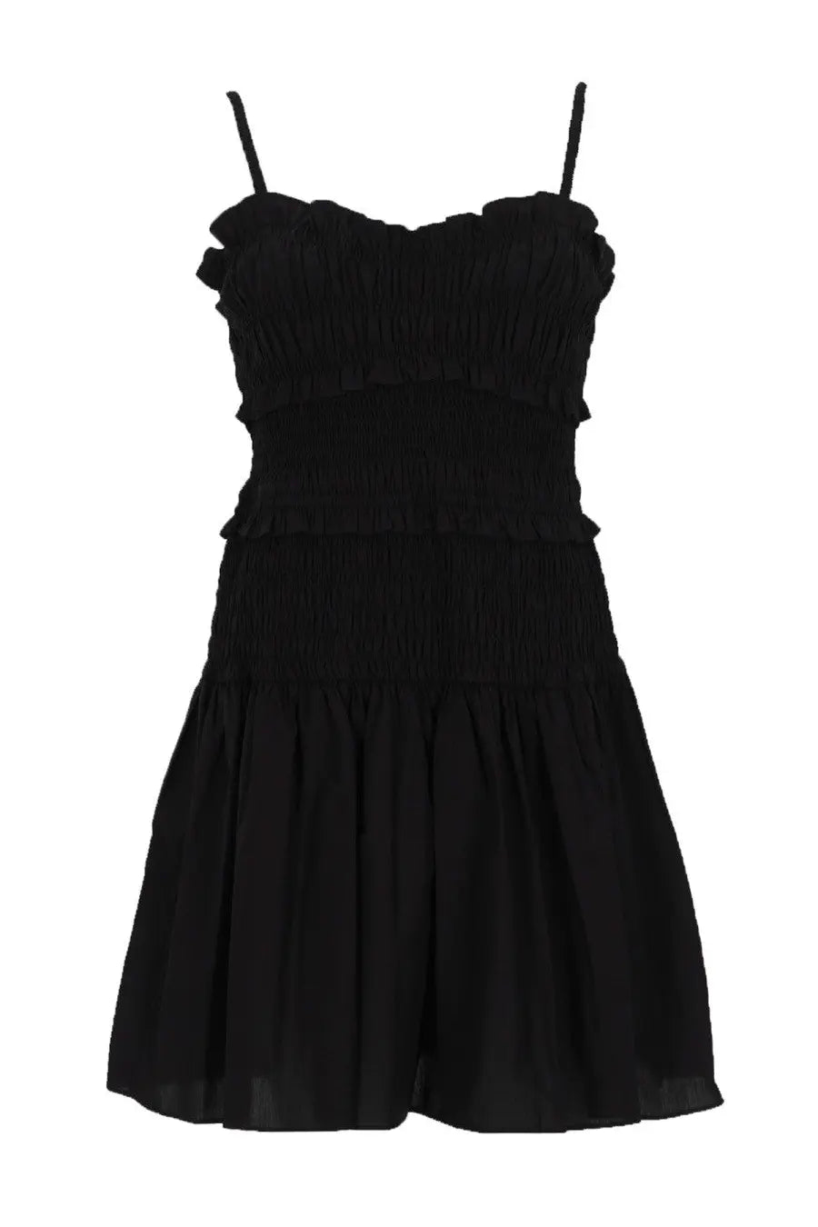 Michael Kors women’s black cotton ruffled smocked mini dress with thin spaghetti straps and a fitted silhouette