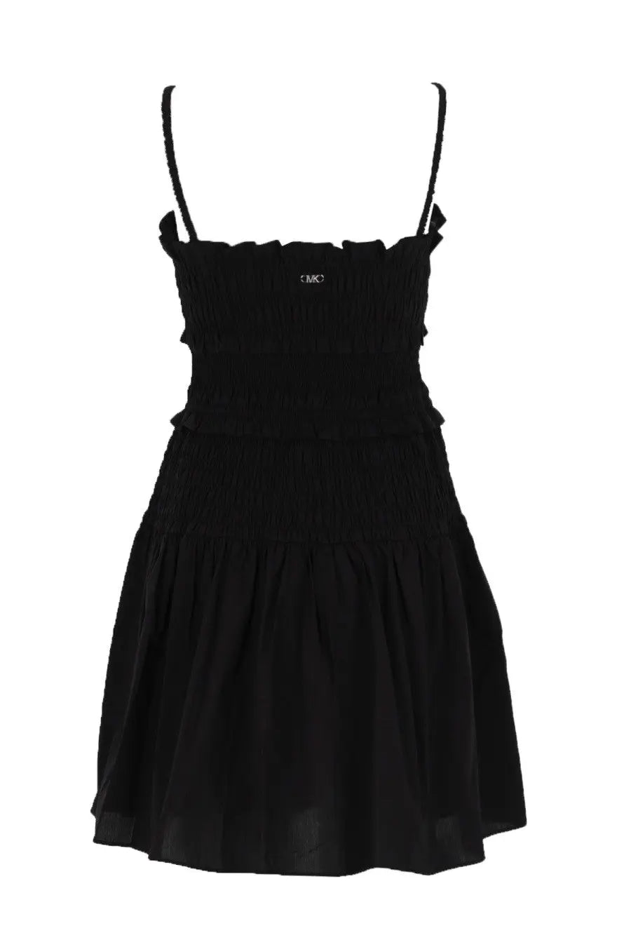 Michael Kors women’s black cotton mini dress with smocked bodice, thin spaghetti straps, and ruffled detailing