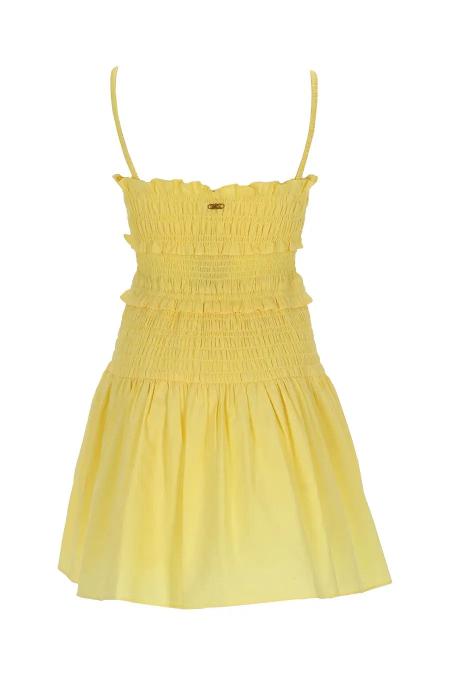 Michael kors women’s yellow cotton mini dress with smocked bodice ruffled tiers and thin spaghetti straps