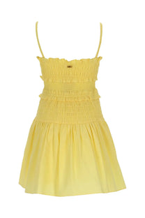 Michael kors women’s yellow cotton mini dress with smocked bodice ruffled tiers and thin spaghetti straps