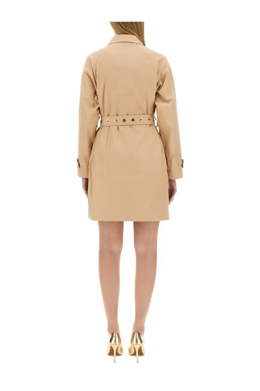 Michael Kors women’s beige cotton trench coat with belted waist and gold-tone buttons front view