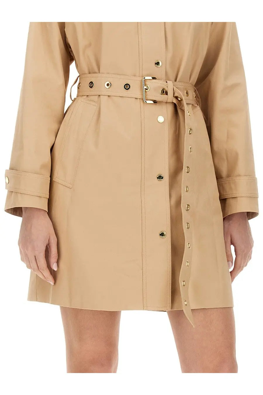 Michael Kors women’s beige cotton trench coat dress with gold-tone buttons and matching belt