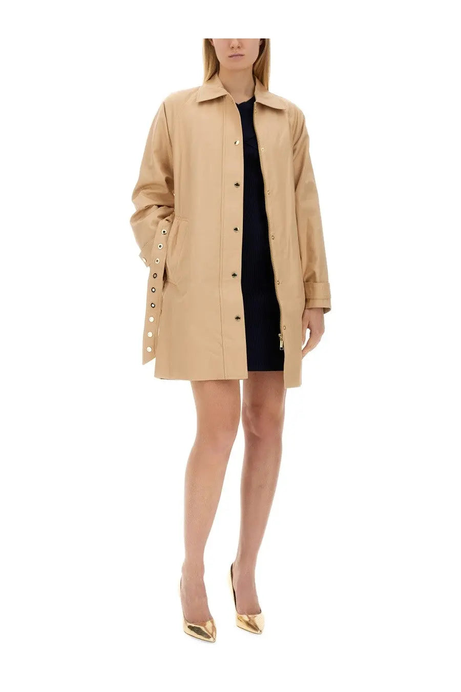 Michael Kors women’s beige cotton trench coat with gold-tone buttons and detailed sleeves