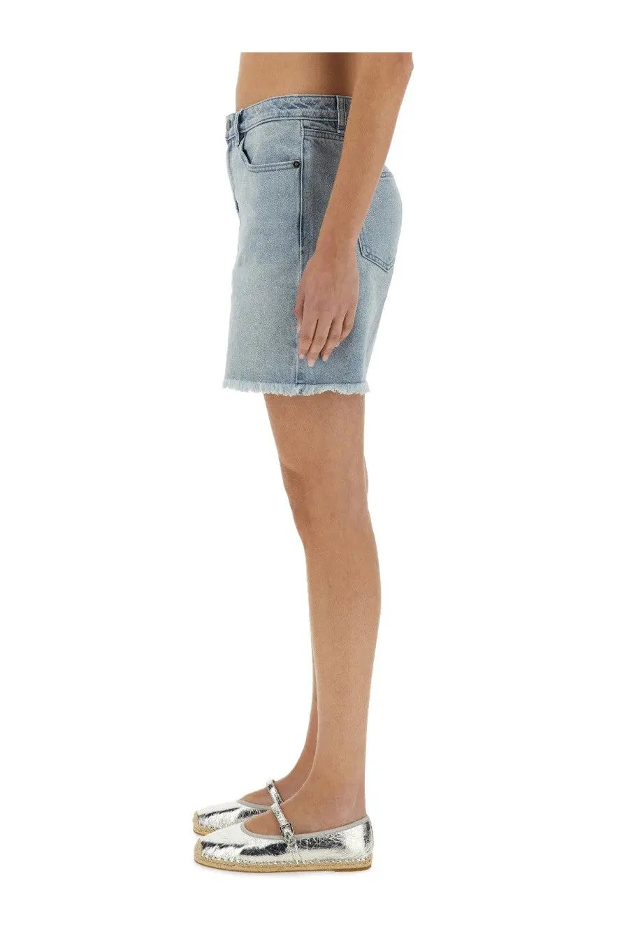 Michael Kors women’s light-wash denim mini skirt with frayed hem in blue shown from the front