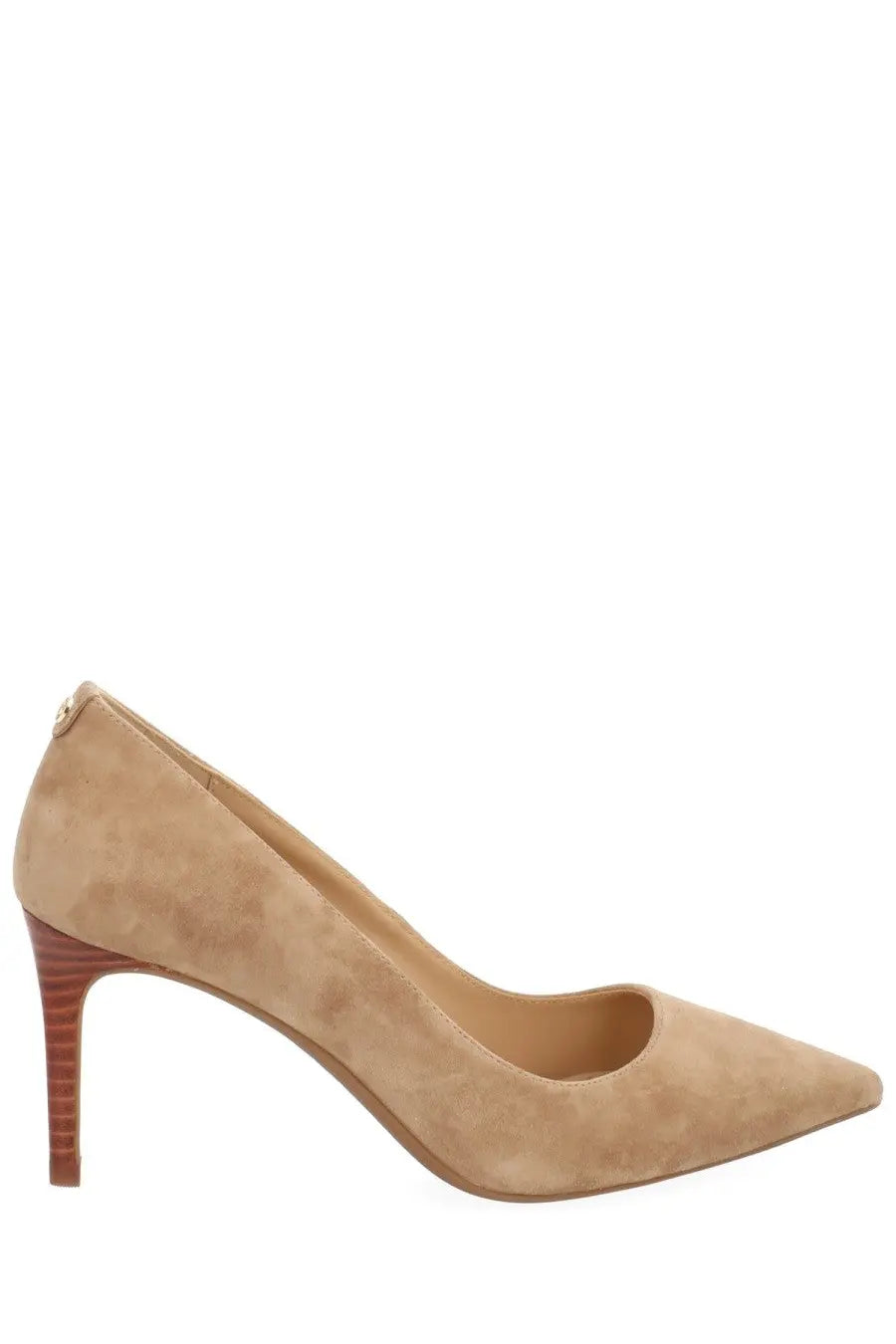 Beige suede michael kors women’s écolleté alina flex pump with a slender striped heel for elegant wear