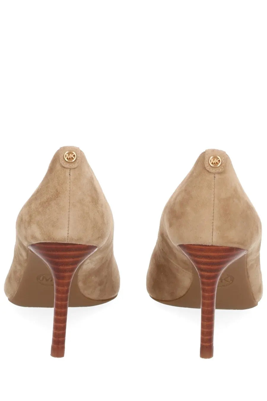 Michael Kors women’s Écolleté Alina Flex beige tan suede high heels with textured brown heel and gold-tone logo emblem