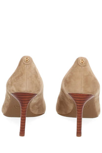 Michael Kors women’s Écolleté Alina Flex beige tan suede high heels with textured brown heel and gold-tone logo emblem
