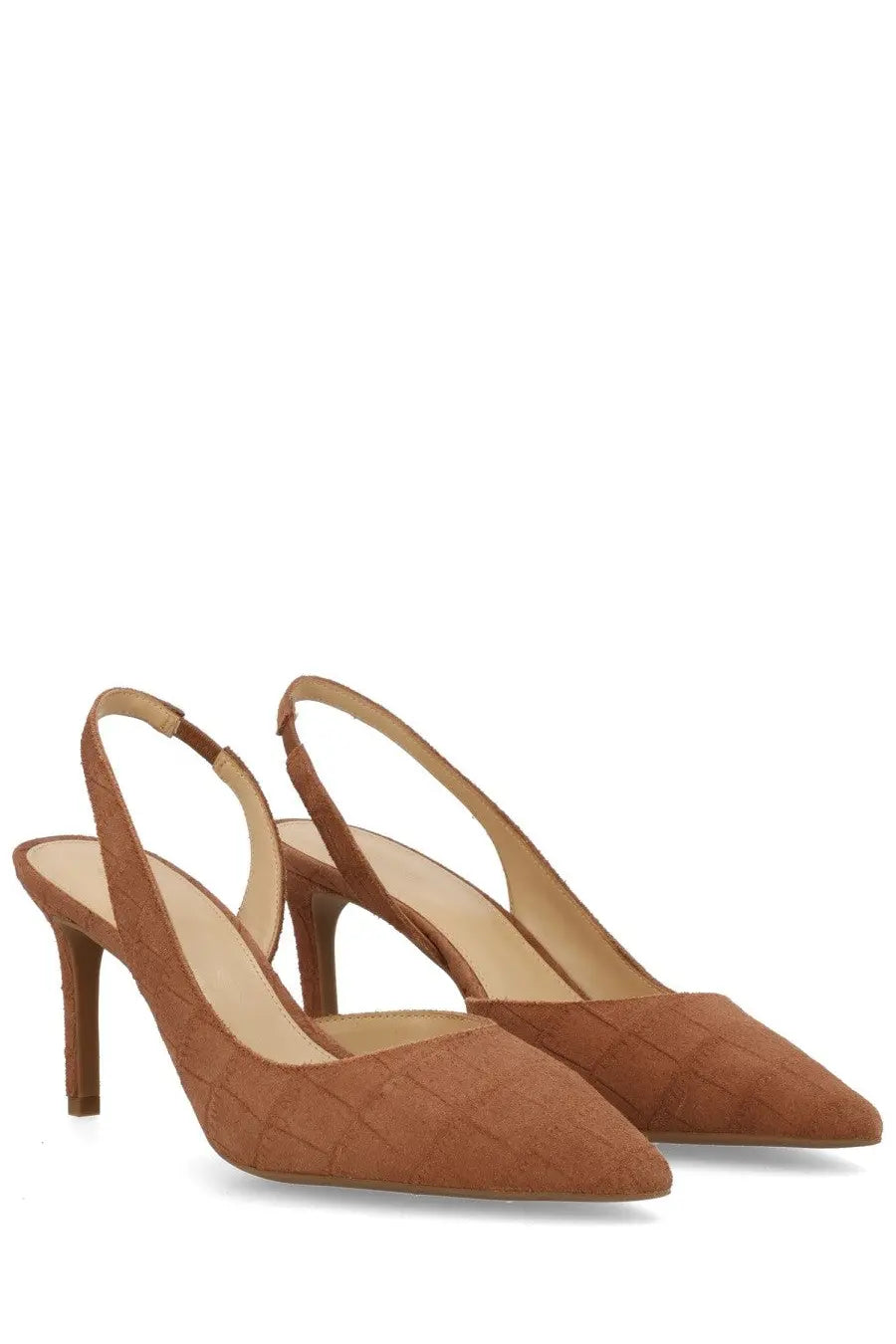 Michael Kors women’s Écolleté Alina Flex brown tan suede slingback heels with woven texture and slender high heel