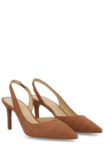 Michael Kors women’s Écolleté Alina Flex brown tan suede slingback heels with woven texture and slender high heel