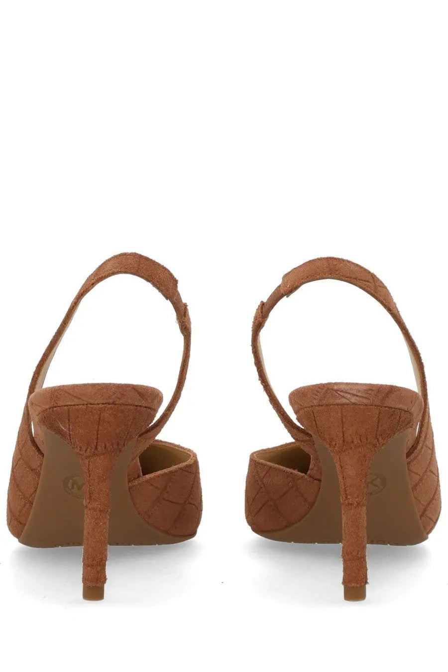 Michael Kors women’s Écolleté Alina Flex brown tan suede slingback heels with quilted pattern and slender high heel
