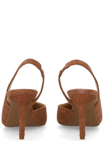Michael Kors women’s Écolleté Alina Flex brown tan suede slingback heels with quilted pattern and slender high heel