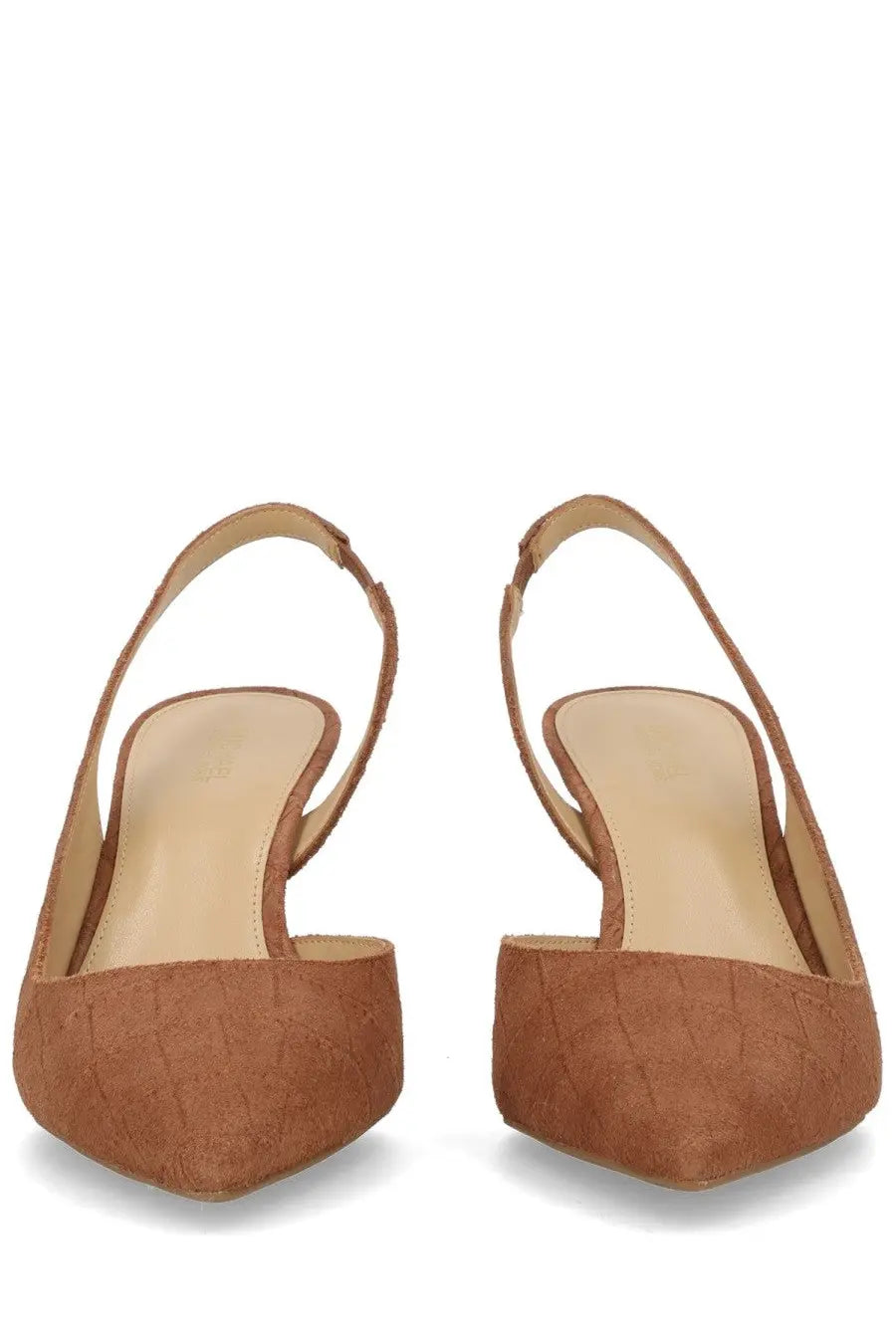 Michael Kors women’s Écolleté Alina Flex brown tan suede slingback heels with quilted texture and pointed toe design