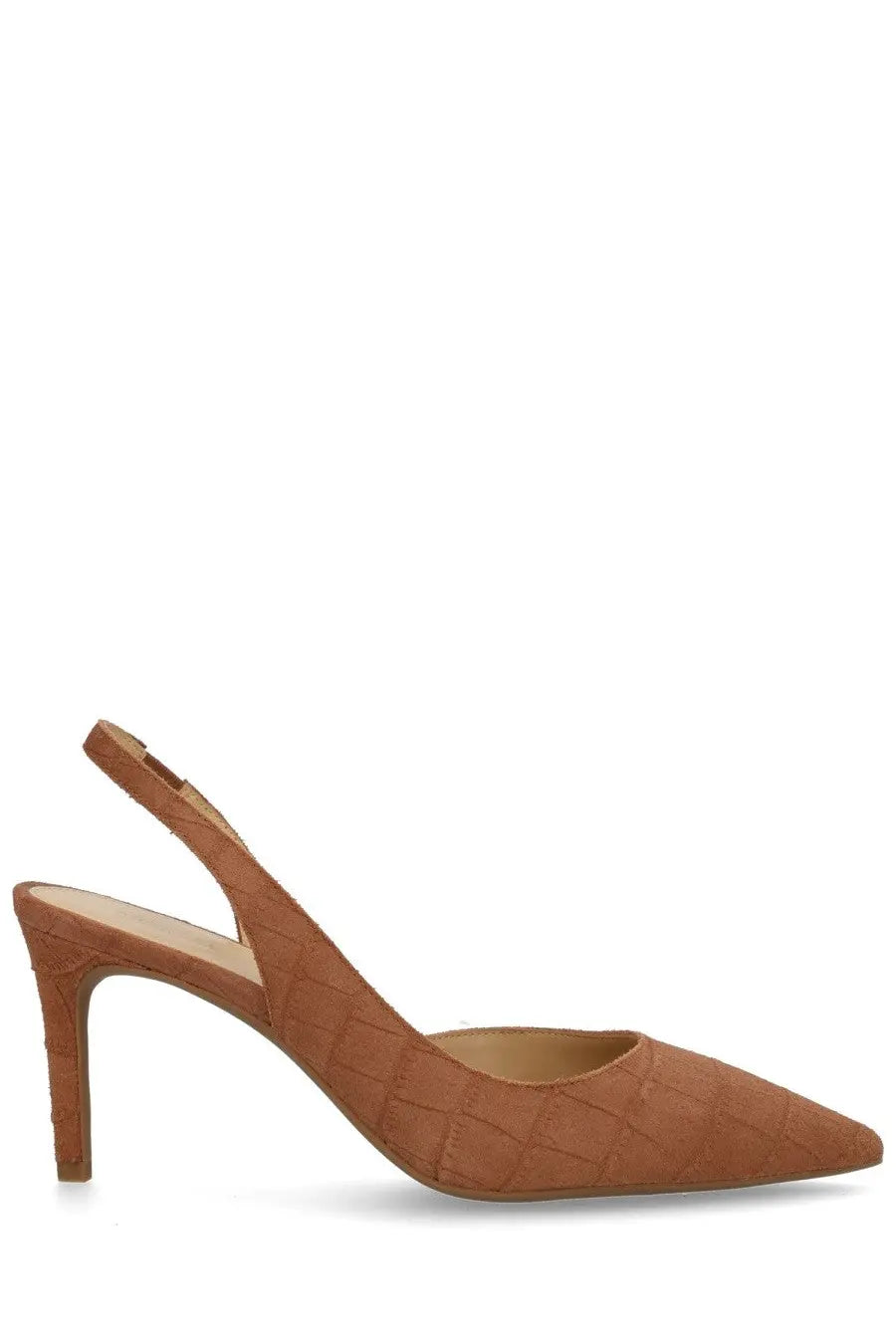 Michael Kors women’s écolleté Alina Flex brown tan suede slingback pump with crocodile embossed texture and slender heel