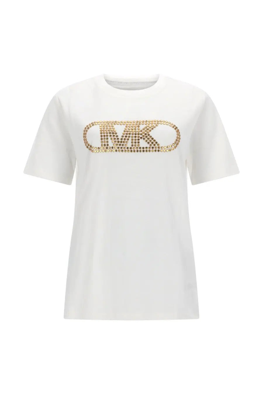 Michael Kors women’s white empire stud t-shirt with gold-tone rhinestone embellished mk logo on chest
