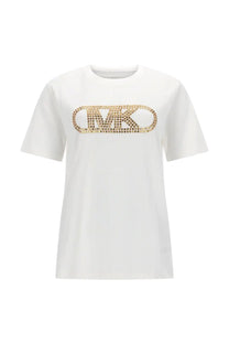 Michael Kors women’s white empire stud t-shirt with gold-tone rhinestone embellished mk logo on chest