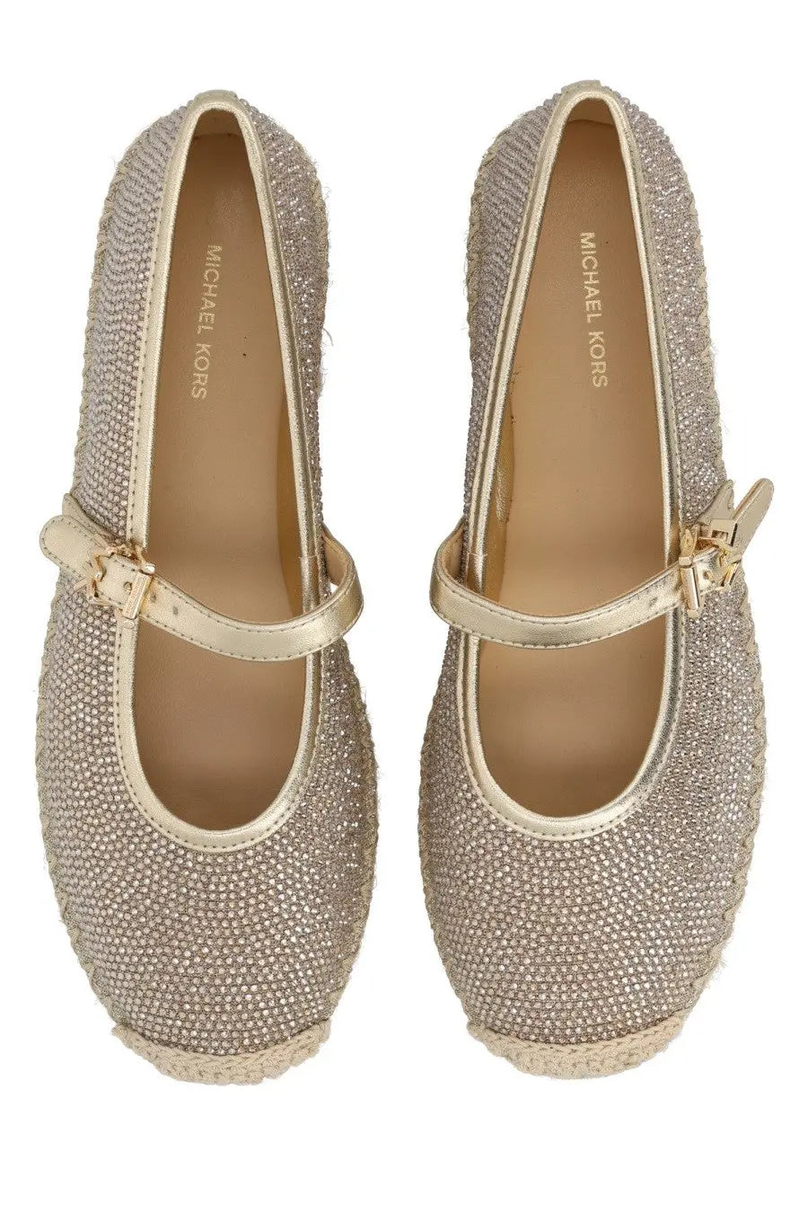 Michael Kors women’s espadrille Lynn gold sparkling glitter flats with metallic strap and buckle and branded insole