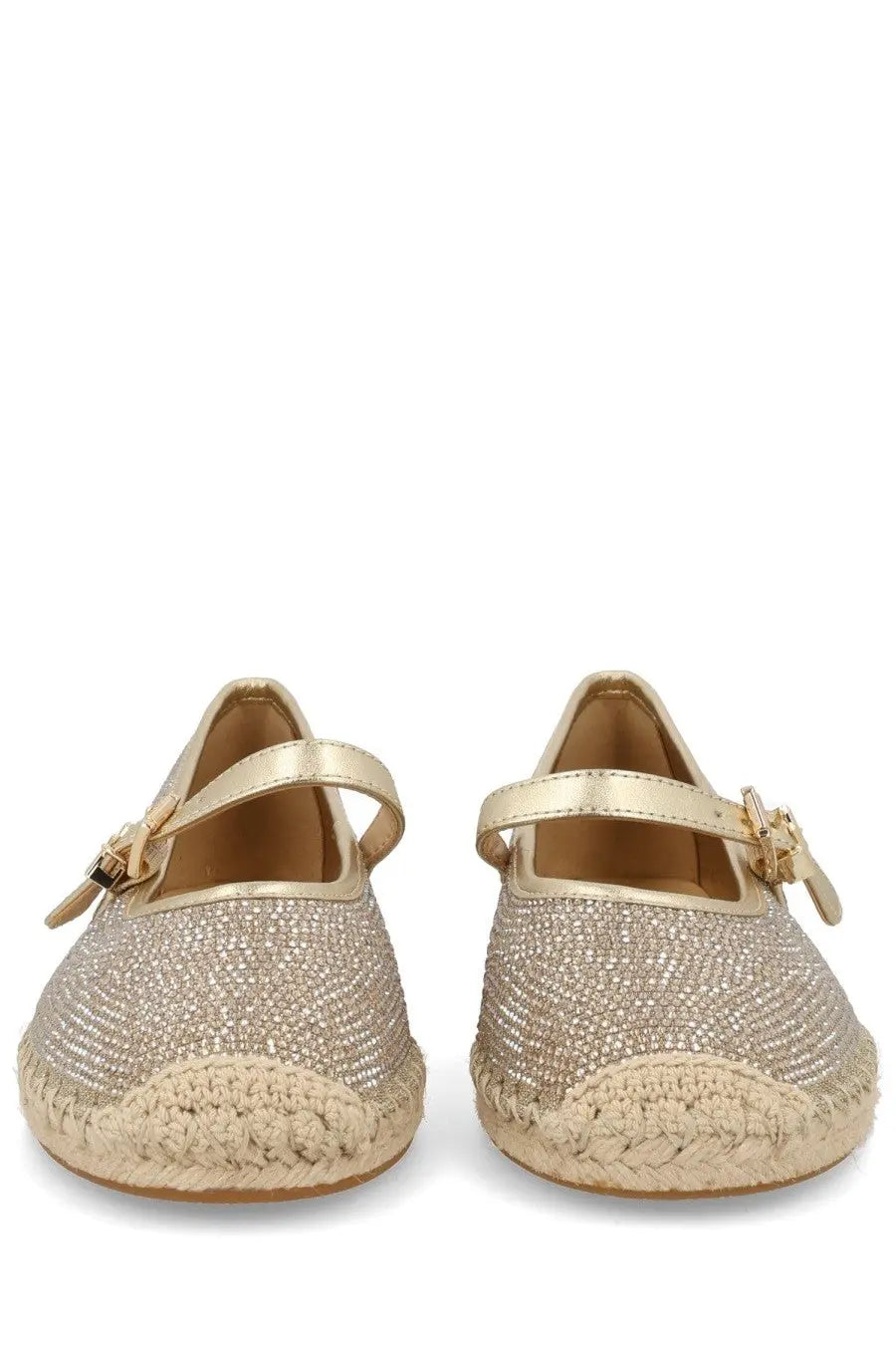 Michael kors women’s espadrille lynn gold flats with gold glitter, woven jute sole, and metallic strap buckle